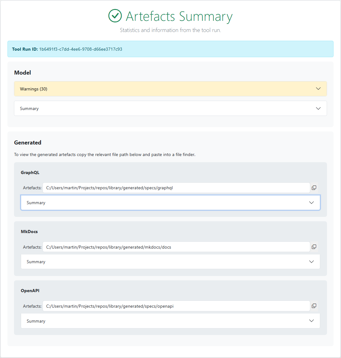 Summary of a generate run 